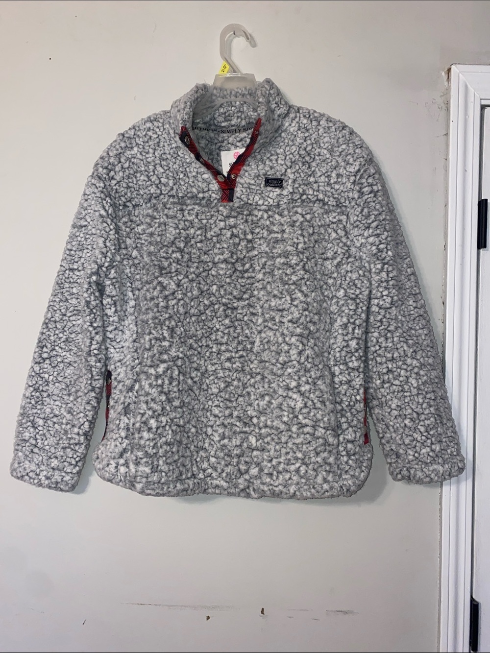 Simply Southern Gray Sherpa Pullover with Red Trim